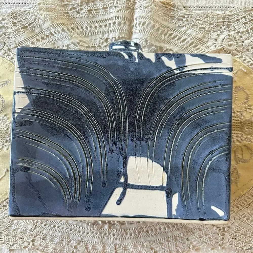 Blue Swirl Vase Rectangle Hand painted signed modern one flower 7x8.5x2.5”Asian